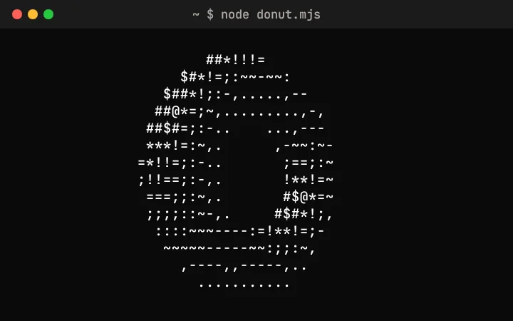 Ejemplo: una dona que gira dibujada con caracteres ASCII blancos, en una ventana de terminal que ejecuta node donut.mjs