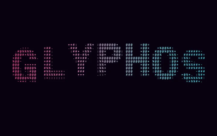 Ejemplo: la palabra GLYPHOS hecha de caracteres que van del rosa al cian, con las letras moviéndose en ola